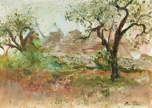 Trulli og oliventre (akvarell og gouache)