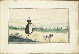 Bondekvinne og hund i et landskap av Anna Cornelia Moda (possibly)