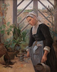 Bretonsk jente som ser etter planter i drivhus, 1884