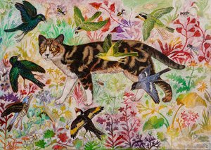 Tabby og fuglene, 2019 (akryl) av Anna Pugh