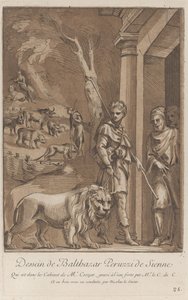 En gjeter som holder en løve i bånd i forgrunnen, i mellomgrunnen sh..., ca. 1729-64 av Anne Claude Philippe de
