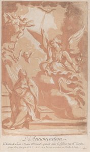 Bebudelsen med jomfruen som kneler til venstre og Gabriel vises til høyre, ca. ..., ca. 1729. av Anne Claude Philippe de Caylus