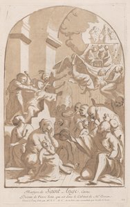 Martyrdøden til Saint Angelo som øverst til venstre blir knivstukket overvåket av gru..., 1729-64. av Anne Claude Philippe de Caylus