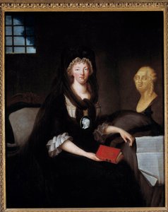 Portrett av Marie Antoinette (1755-1793) i stor sorg ved Temple Prison (eller Marie Antoinette ved Concierge, i sorg, med en kome som representerer delfinen, som holder en bok om livet til Mary, dronning av Skottland, nær en byste av Ludvig XVI og h av Anne Flore Millet de Brehan