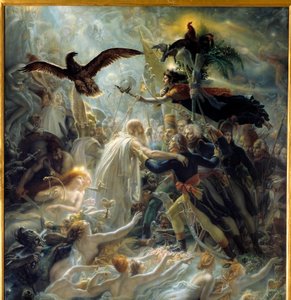 Apoteose til de franske heltene som døde for hjemlandet under Liberte-krigen, hyllest til Napoleon Bonaparte Allegorie som representerer barden Ossian, skotsk poet fra det 3. århundre lest av Napoleon, som ønsket velkommen Louis Charles Antoine Desaix de V av Anne Louis Girodet de Roucy Trioson