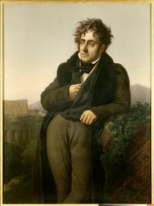 Portrett av Francois Rene, Viscount of Chateaubriand (1768-1848) som mediterer på ruinene av Roma foran utsikten over Colisee av Anne Louis Girodet de Roucy Trioson