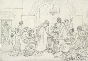 Rustikk interiør i antikken (svart kritt på hvitt papir med fin tekstur) av Anne Louis Girodet de Roucy Trioson