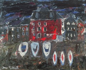 Båtverft, Amsterdam (olje om bord) av Anne Redpath