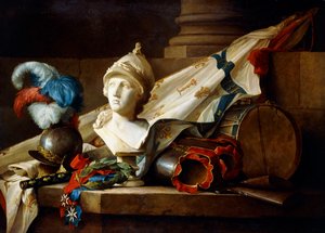 En byste av Minerva med rustninger og våpen på en steinhylle, 1777