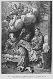 Den hellige Frans av Assisi, som lider av sykdom, blir helbredet ved lyden av et himmelsk instrument (litho) av Annibale (after) Carracci