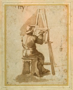 En ung maler satt ved staffeli (penn og blekk med kritt på papir) av Annibale (follower of) Carracci