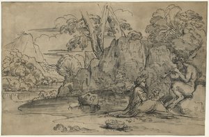 Landskap med en fløyte som spiller satyr, kvinne og putto av Annibale Carracci (attributed to)