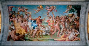 Bacchus (Dionysos, Bacco) på tanken sin kommer tilbake fra India og møter Ariane forlatt av Thesee Fresco av Annibale Carracci (Annibal Carrache) (1560-1609). 1597-1600 Roma, Palazzo Farnese