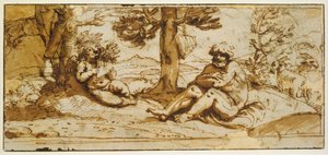 Flötenspielender Amor und Silenus in einer arkadischen Landschaft av Annibale Carracci