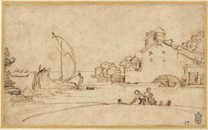 Landskap med figurer ved en elvemunning med seilbåter av Annibale Carracci