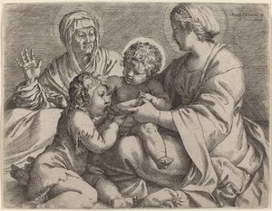 Madonna og barn med de hellige Elizabeth og døperen Johannes (La Madonna della Scodella) av Annibale Carracci