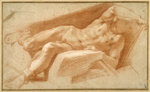 Liggende ungdom poserte naken, bortsett fra at slangen hans ble trukket ned til anklene (rødt kritt på papir) av Annibale Carracci