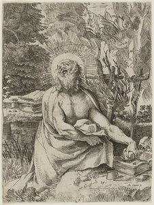 Saint Hieronymus i villmarken, ca. 1591 (radering med gravering på lagt papir, iiiiv) av Annibale Carracci