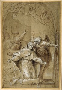 St Gregory deltatt av engler som ber for sjeler i skjærsilden (penn og brunt blekk med brun vask og forhøyning) av Annibale Carracci