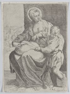 Jomfruen satt og holdt en pute på fanget med den unge Kristus stående til høyre..., 1580-1600. av Annibale Carracci