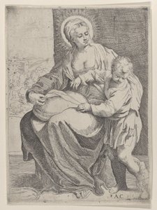 Jomfruen satt og holdt en pute på fanget med den unge Kristus stående til høyre..., 1580-1600. av Annibale Carracci