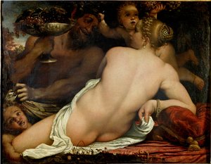 Bacchanten, Venus, satyr og to amoriner, detalj (olje på lerret, ca. 1588)