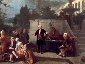 Den italienske dramatikeren Carlo Goldoni (1707-1793) erklærer en sonett foran medlemmene av Colonia Alfea (tilsvarende Academy of Arcadia i Pisa) i Scotto Garden of Pisa Painting av Annibale Gatti (1828 - 1909) av Annibale Gatti