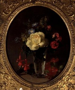 Still Life of a Yellow Rose, Mignonette og Fuchsias (olje om bord) av Annie Feray Mutrie