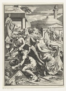 Allegorisk representasjon med historie, fars tid med en pott med mynter Tittelside for: Carl Patin, Imperatorum romanorum numismata, s.a. av Anonymous