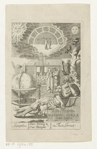 Ambrosius Theodosius Macrobius leunend på stenen ved siden av kloden Gull Theod. Macrobius Opera Cum Notis (tittel på objekt) Tittelside for: Ambrosius Theodosius Macrobius, Aur. Theodosius Macrobius V. Cl. & Illustrious Works, 1694 av Anonymous