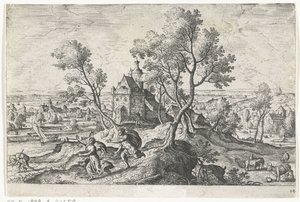 Apollo forfølger Daphne Landskap med mytologiske og bibelske scener (serietittel) av Anonymous