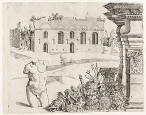 Arkitektur capriccio med spolia, en mannlig torso og utsikt over Diokletians bad av Anonymous
