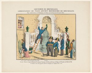 Arrestatie van Manneken Pis, 1845 suvenir fra Brussel. Arrestasjon av den eldste borgerlige i Brussel. For brudd på politiforordningen om pissoirene fra året 1845 (tittel på objekt) av Anonymous