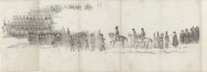 Begravelse av avdøde kong Willem II i Delft 4. april 1849 (side 1) Fem sammenhengende ark av begravelsesfølget til William II i 1849 (serietittel) av Anonymous