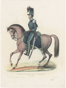 Belgisk vigilante til hest, 1830 Garde Civique de la Belgique (kavaleri) (tittel på objekt) av Anonymous