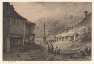 Fjelllandskap med figurer og kuer av Anonymous