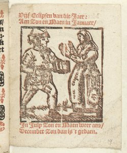 Side med stående figurer av en kjøpmann og en kvinne, 1712 I hvilken Lidt de Maen er / hvor du dør / forlater naken med mindre det er flott notat; Als Peste / Pleures er / ende sulck quaet / oock ikke sonder des Meestersraet (tittel på objekt) av Anonymous