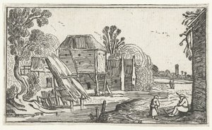 Gård og låve på påler på et vann Landskap etter Esaias van de Velde (serietittel) av Anonymous