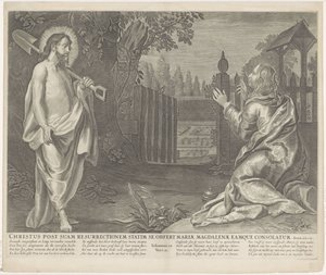 Christus verchicht als tuinman aan Maria Magdalena (Ikke rør meg) Kristus umiddelbart etter hans oppstandelse presenterer seg for Maria Magdalena og trøster henne (tittel på objekt) Royal Bijbel (serietittel) av Anonymous