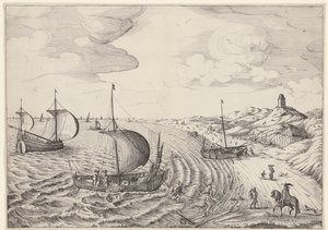 Kystlandskap med fiskebåter av Anonymous