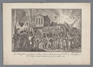 Mytteristene i Brussel flytter inn i Antwerpen, mens Z.E. de Luit Generall. mrd. Chassé bombet byen 28. oktober 1830 (tittel på objekt) av Anonymous