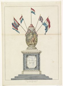 Revolusjonen, dekorasjon på Koningsplein, 1795 Revolusjonen, på Burgerplassen (tittel på objekt) Femten dekorasjoner på Alliantiefeest i Amsterdam i 1795 (serietittel) av Anonymous