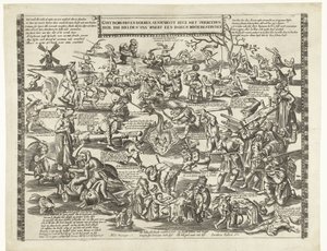 Rogstekers of Weert, ca. 1650 Ghy borgere og bønder aenschout her med å glede seg over hvordan heltene fra Waert kjemper mot en død roch (tittel på objekt) av Anonymous