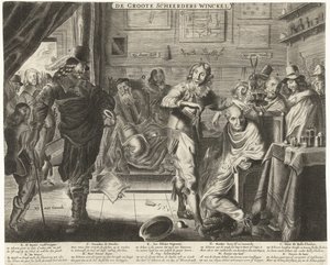 Bonden i den store frisørsalongen, ca. 1650 De Groote Scheerders Winckel (tittel på objekt) av Anonymous