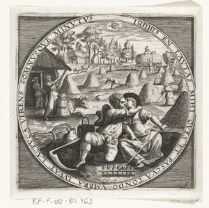 Den måneden juni, hooimaken, ca. 1600 De tolv månedene av et års bilde i scener fra folkelivet (serietittel) Ordninger av 12 måneder med deres operasjoner, og deres anvendelse på dyrekretsen, delt inn i fire deler av året (serietittel på objekt) av Anonymous
