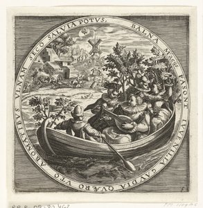 Mai måned, musikklag i båt, ca 1600 Årets tolv måneder avbildet i scener fra populærlivet (serietittel) Schemata XII Mensium sius operationibus, & ad signa zodiaci applicatione, in quatuor anni partes divisa (serien av Anonymous