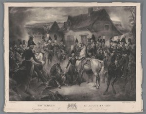 Erstatningen av den sårede hesten til prinsen av Oransje (senere kong Willem II), under slaget ved Boutersem, 12. august 1831 Bautersem, 12. august 1831 (tittel på objekt) av Anonymous