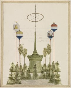 Dekorasjon rundt Pompen på Grote Markt i Middelburg, ved ankomsten av Hans Majestet Kong Willem III til den byen, 21. mai 1862 (tittel på objekt) av Anonymous
