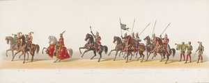 Delft prosesjon fra 1873 (tredje plate) Kostymert prosesjon holdt av medlemmene av Delft Student Corps 8. juli 1873, som viser inntoget av Karel van Egmond, hertugen av Gelre, grev av Zutphen, i Arnhem i 1492 (serie ti av Anonymous