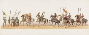 Delft prosesjon fra 1873 (fjerde plate) Utkledd prosesjon holdt av medlemmene av Delft Student Corps 8. juli 1873, som viser inntoget av Karel van Egmond, hertugen av Gelre, grev av Zutphen, i Arnhem i 1492 (serie t av Anonymous